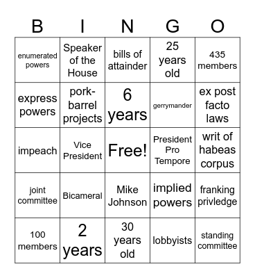 Legislative Branch Bingo Card