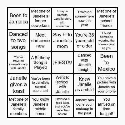 Janelle's Birthday Bingo Card