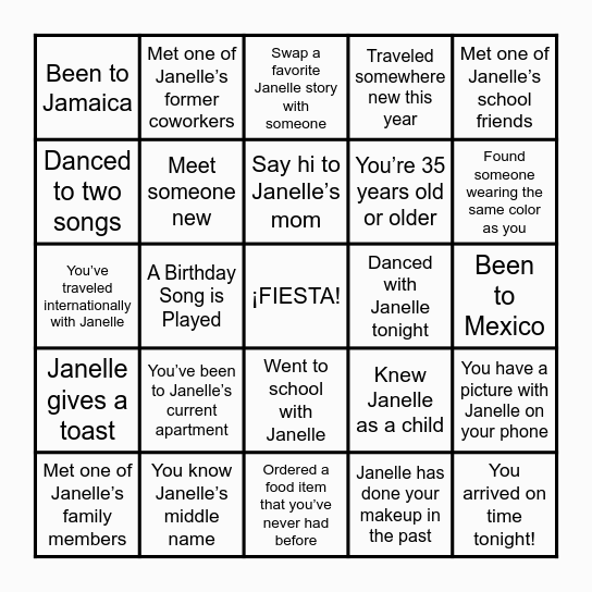 Janelle's Birthday Bingo Card