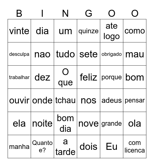 Portuguese Bingo Card