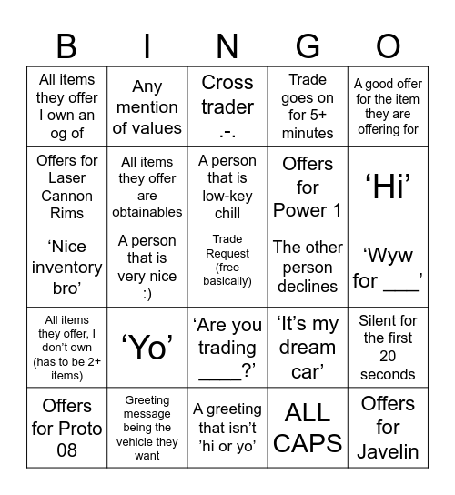 Trading Island Bingo Card