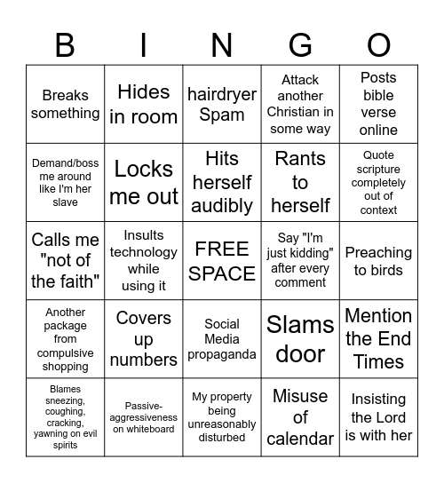 Insanity Bingo Card