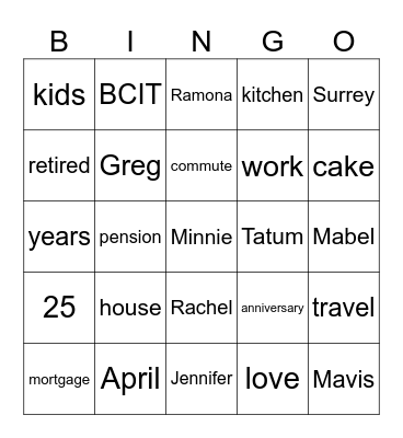 Ramona & Greg's 25th Anniversary Bingo Card