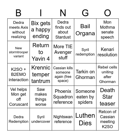 Andor Season 2 Bingo Card