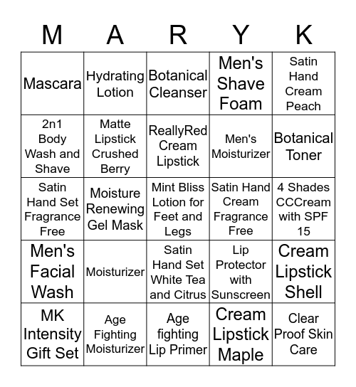 Mary Kay Holiday Bingo Card