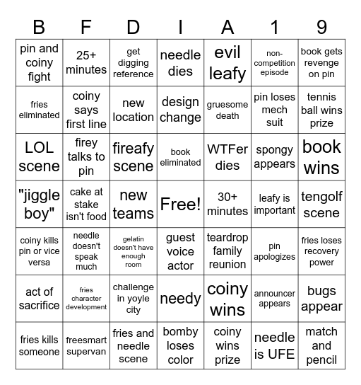 BFDIA 19 Bingo Card