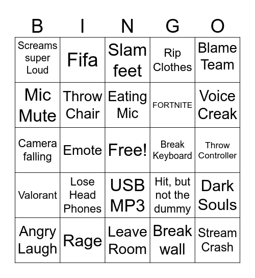 Gamer Rage Bingo Card