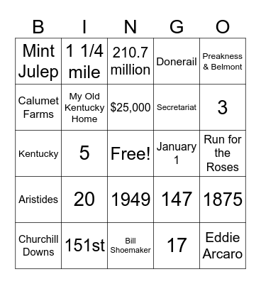 Kentucky Derby Bingo Card