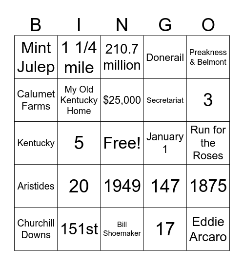 Kentucky Derby Bingo Card