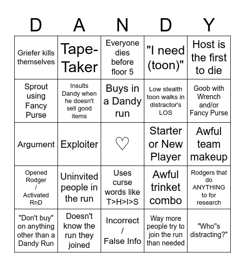 Dandy's World Bingo Card
