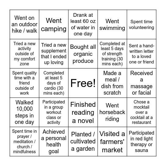 Health and Wellness Bingo Card
