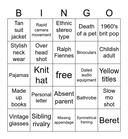 wes anderson Bingo Card