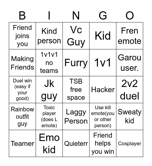 TSB Bingo Card