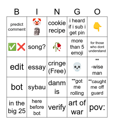 youtube short comment Bingo Card