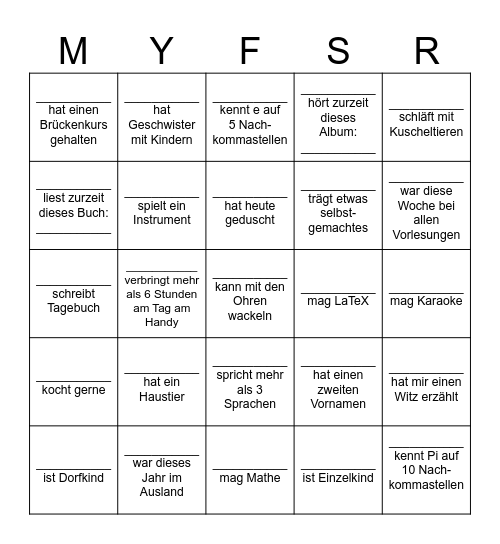 Kennenlern-Bingo des supi FSR Bingo Card