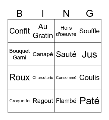 French Cooking Terms Bingo Card