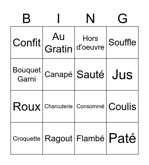 French Cooking Terms Bingo Card