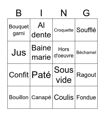 French Cooking Terms Bingo Card