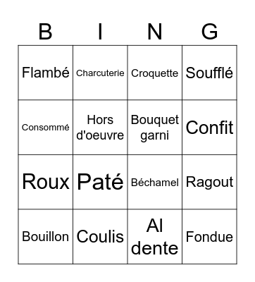French Cooking Terms Bingo Card
