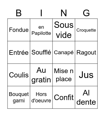 French Cooking Terms Bingo Card