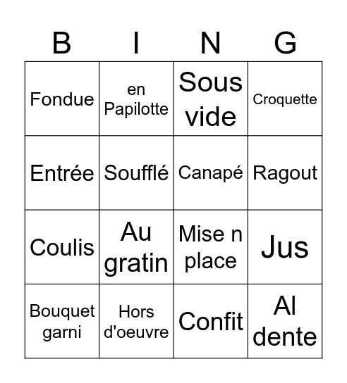 French Cooking Terms Bingo Card