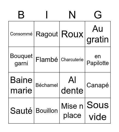 French Cooking Terms Bingo Card