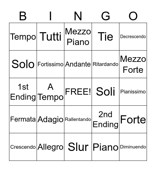 Musical Terms Bingo Card