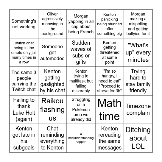 Kenton's subahton bingo card Bingo Card