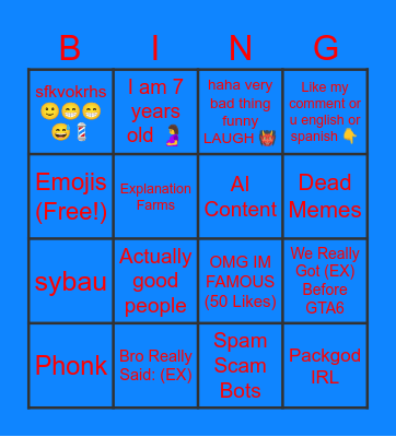 YT Shorts Comment Section Bingo Card