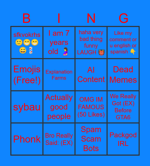 YT Shorts Comment Section Bingo Card