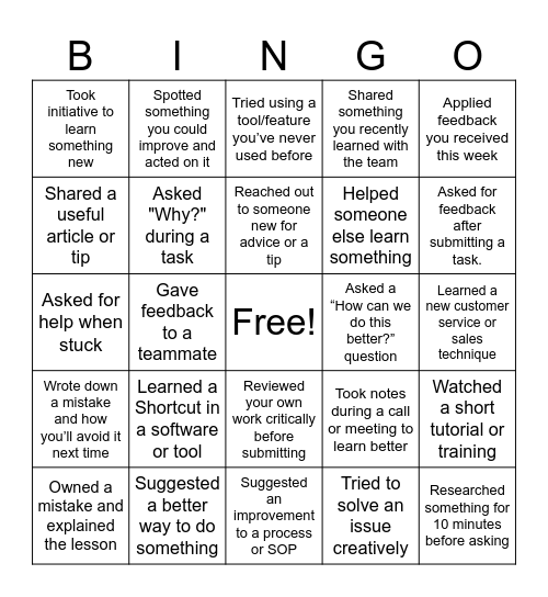 Open to Learn Bingo Card
