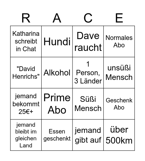 Race - Folge 10 Bingo Card