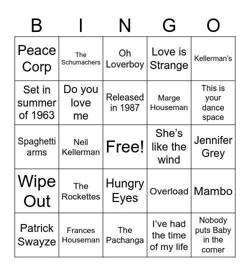 Dirty Dancing Bingo Card