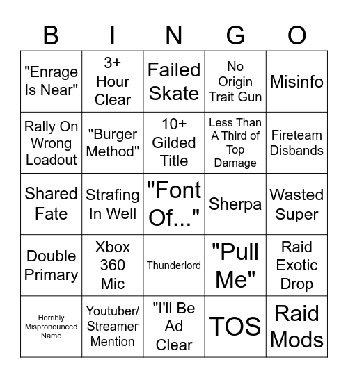 Destiny LFG Bingo Card