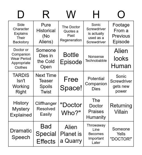 Doctor Who Trope Bingo Card