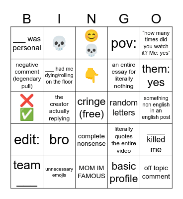 youtube shorts Bingo Card