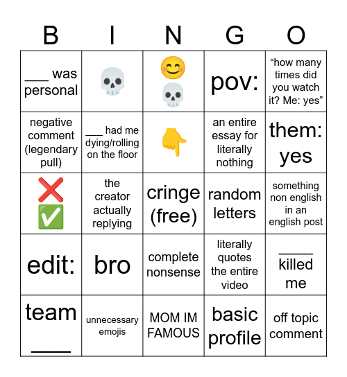 youtube shorts Bingo Card