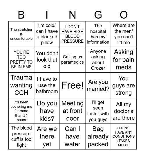THINGS PATIENT'S SAY Bingo Card