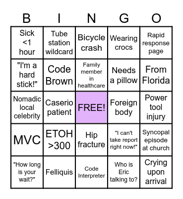 Sunday Funday ED Bingo Card