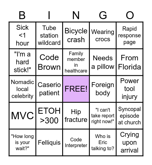 Sunday Funday ED Bingo Card