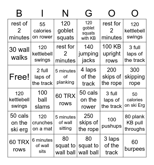 PAF2O Fitness Bingo Card