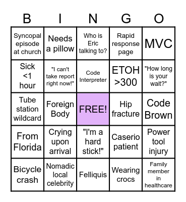 Sunday Funday ED Bingo Card