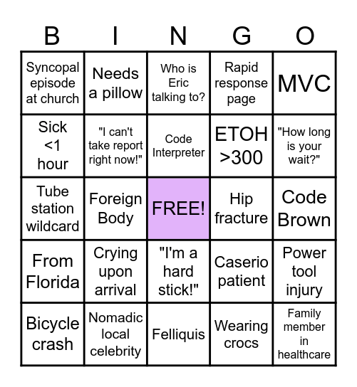 Sunday Funday ED Bingo Card