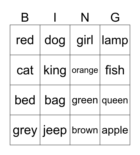 1a words Bingo Card