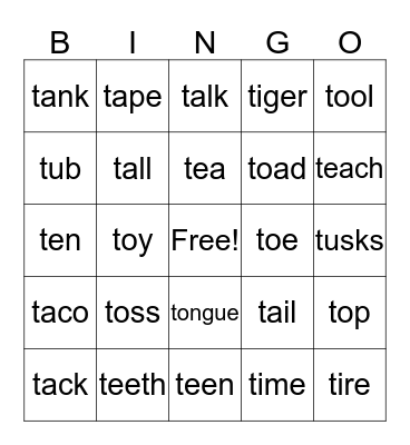 Initial T  Bingo Card