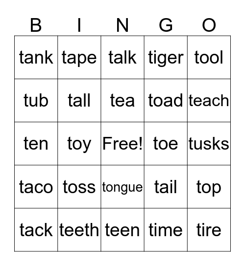 Initial T  Bingo Card