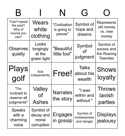 Gatsby 2013 Movie Bingo Card