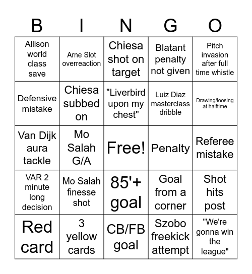 LFC vs Tottenham Bingo Card