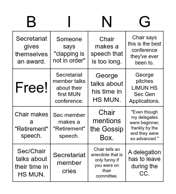 LIMUNHS Closing Ceremony Bingo Card