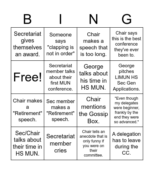 LIMUNHS Closing Ceremony Bingo Card